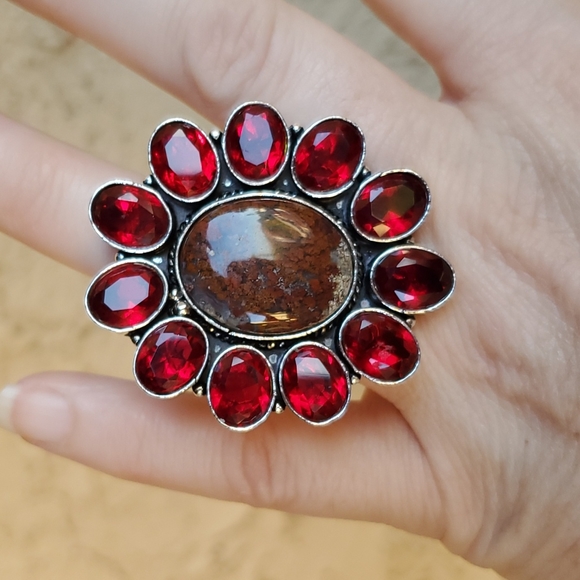 New Seam Agate and Garnet 925 Silver Statement Ring. - Picture 7 of 13